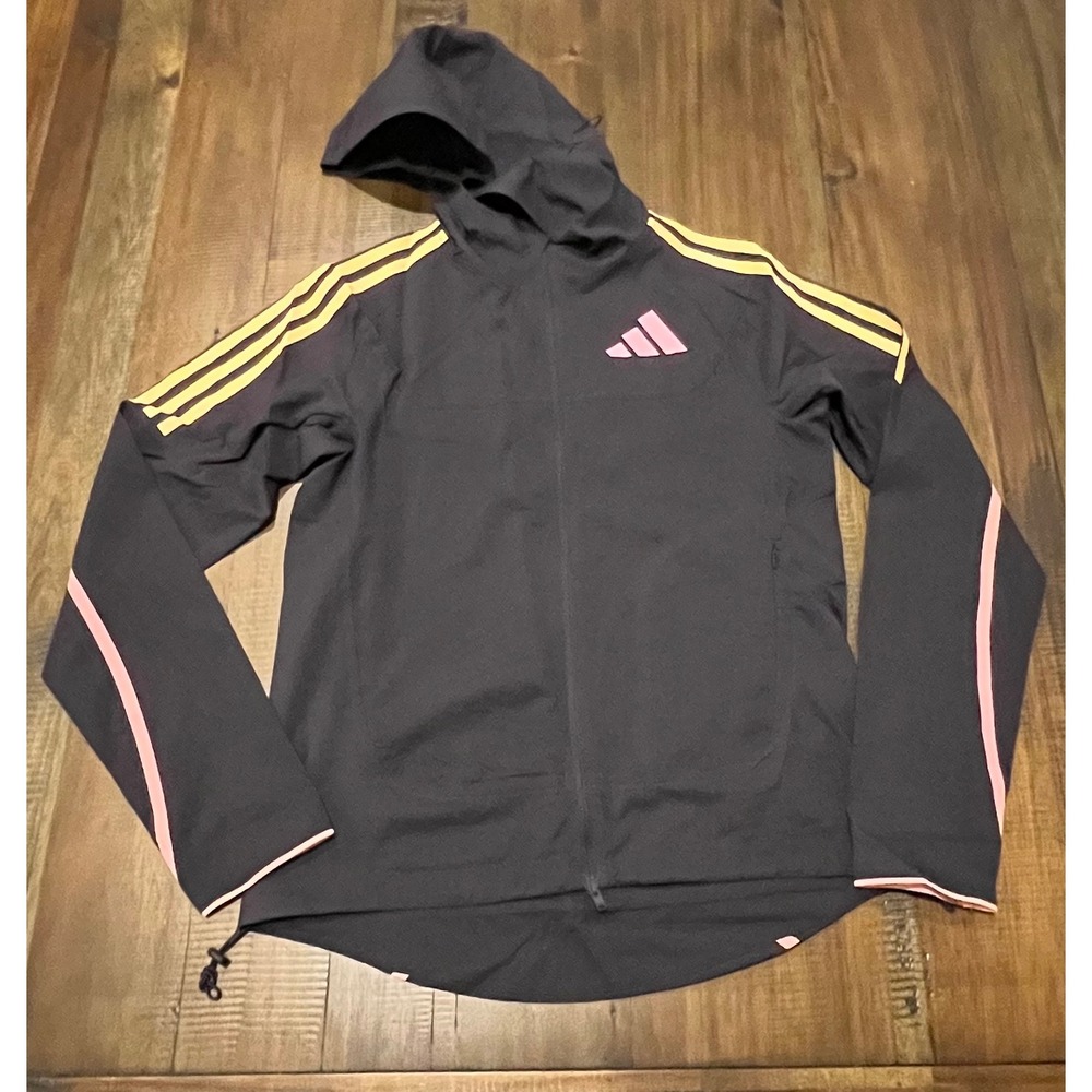 Adidas Men's Lightweight Hooded Jacket Gray Yellow Pink Stripes Athletic Size XS